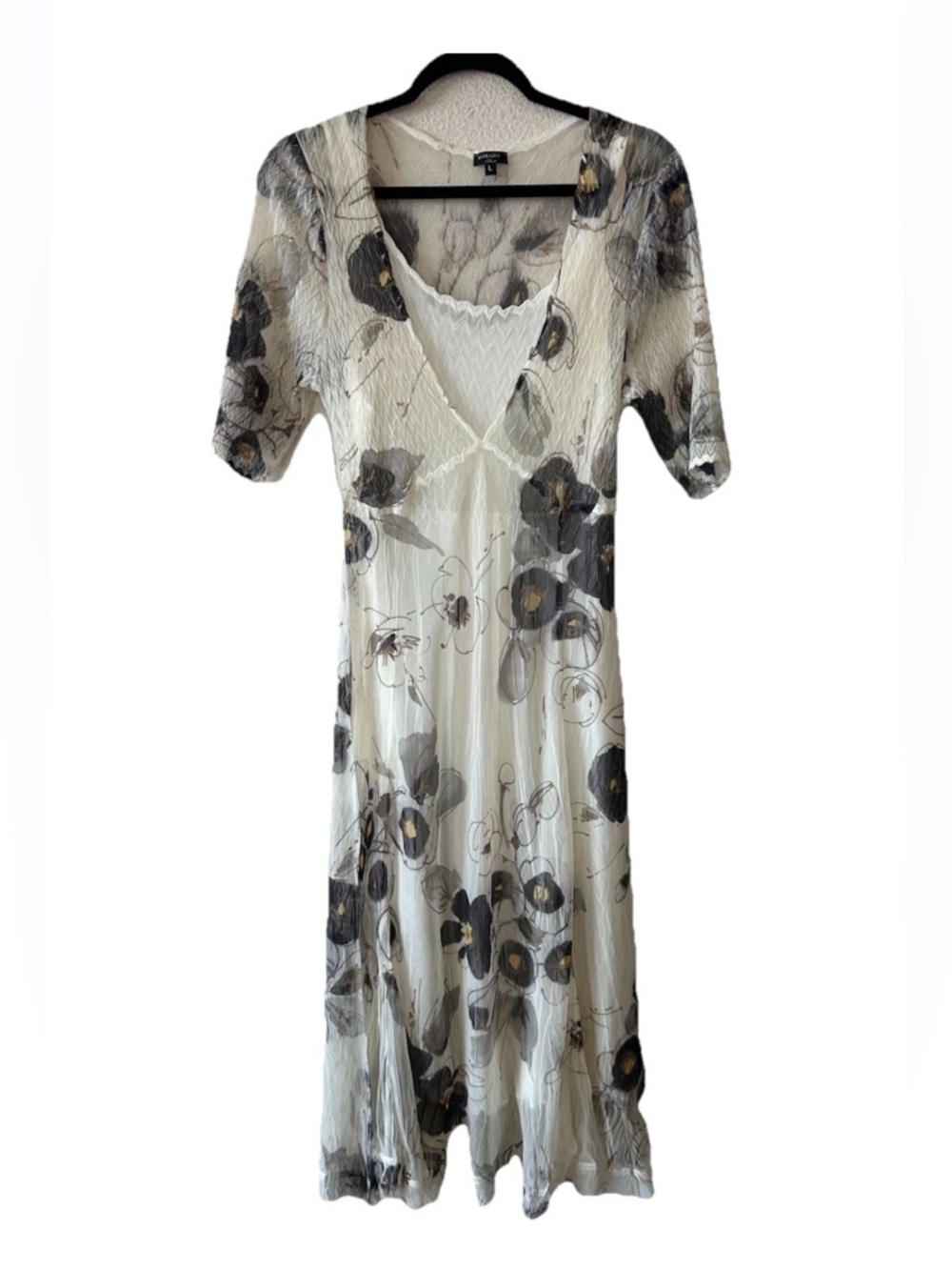 Komarov Floral Crinkle Maxi Dress L Layered Cottagecore Bohemian Garden Party